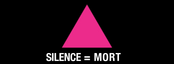 The pink triangle logo of ACT UP and the slogan silence = death